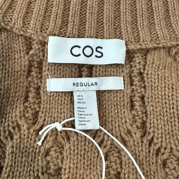 COS Men's Cable Knit Sweater Vest 100% Wool Sleeveless Full Zip Rib Knit, Tan - Picture 12 of 14